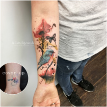 Trash Aquarell Vogel Mohnblume Cover Up Tattoo