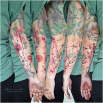 Trash Aquarell Mohnblumen Feinlinien Tattoo