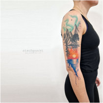Trash Aquarell Berge Sonnenuntergang Nordlichter Tattoo