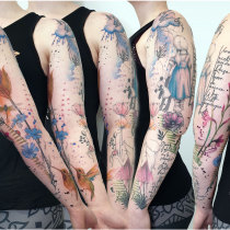 Trash Aquarell Maedechen Federn Mohnblumen Kornblumen Libelle Kolibri Wolke Tattoo