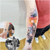 Trash Aquarell Sonnenuntergang Familie Cover Up Tattoo