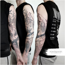 Schwarzgrau Trash Hirsch Wald Berge Tattoo