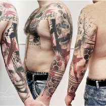 Trash Polka Frauengesicht Schaedel Tattoo