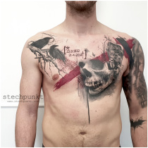 Trash Polka Schaedel Grabstein Raben Tattoo