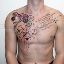 Trash Aquarell Kompass Zahnraeder Tattoo