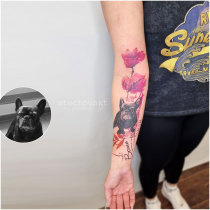 Trash Aquarell Bulldogge Hund Mohnblumen Tattoo