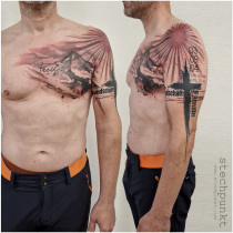 Schwarzgrau Trash Berge Kreuz Tattoo